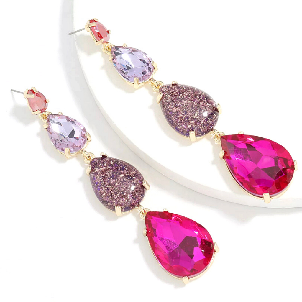 Pink Shimmering Rhinestone Waterdrop Teardrop Long Dangle Earrings - Ella Moore