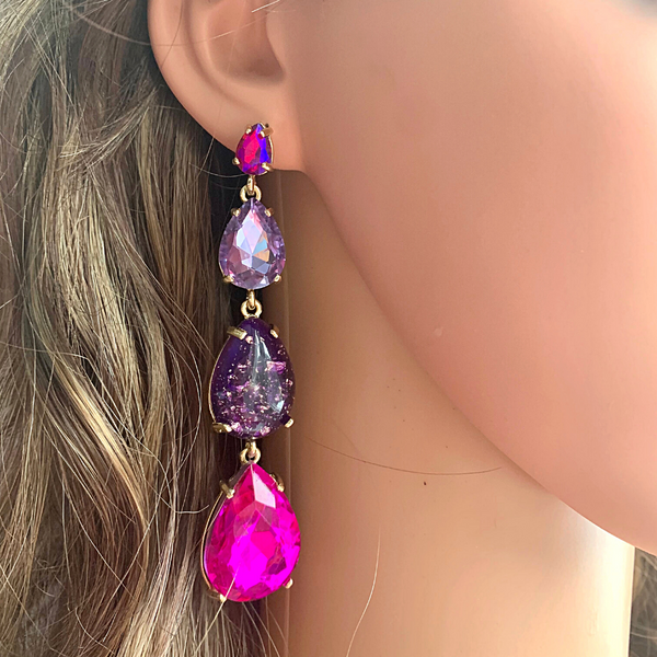 Pink Shimmering Rhinestone Waterdrop Teardrop Long Dangle Earrings - Ella Moore