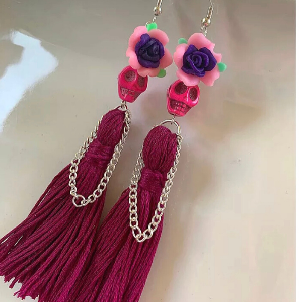 Pink Skull Pink Dress Flower Lady Handmade Tassel Skeleton Skull Earrings - Ella Moore