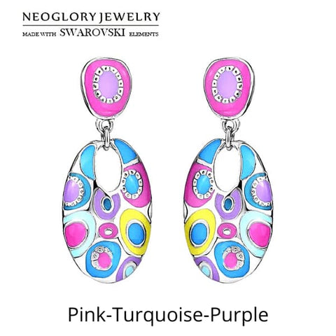 Pink Turquoise Purple Ethnic Bohemian  Oval Enamel Dangle Earrings - Ella Moore
