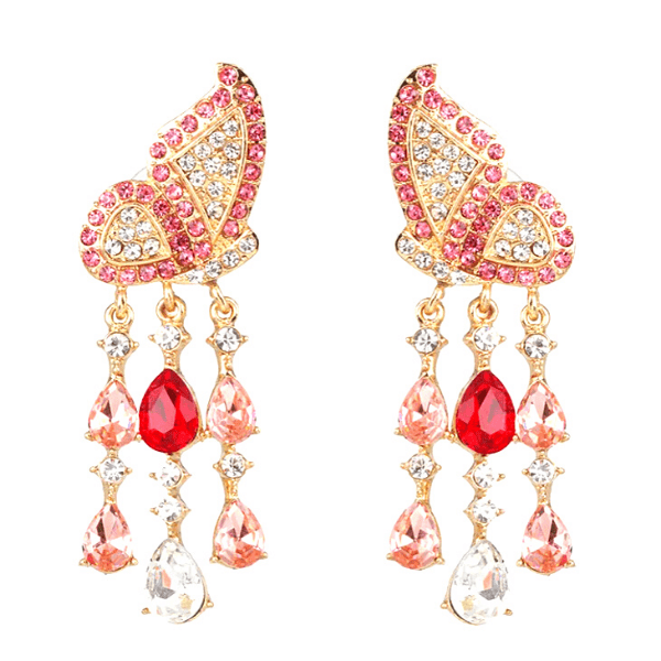 Pink Colorful Rhinestone Gold Butterfly Dangle Earrings - Ella Moore