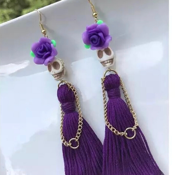 Purple Flower Lady Handmade Tassel Skeleton Skull Earrings - Ella Moore