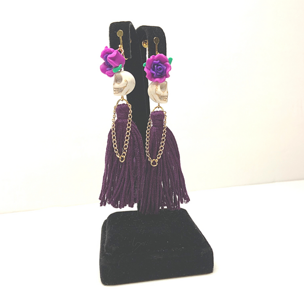 Purple Flower Lady Handmade Tassel Skull Skeleton Clip On Earrings - Ella Moore