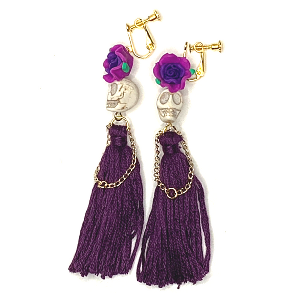 Purple Flower Lady Handmade Tassel Skull Skeleton Clip On Earrings - Ella Moore