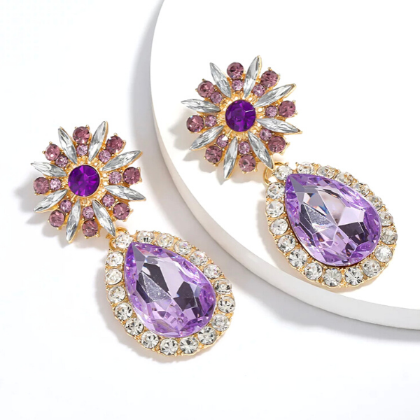 Purple  Large Bold Glamorous Colorful Rhinestone Teardrop Earrings - Ella Moore