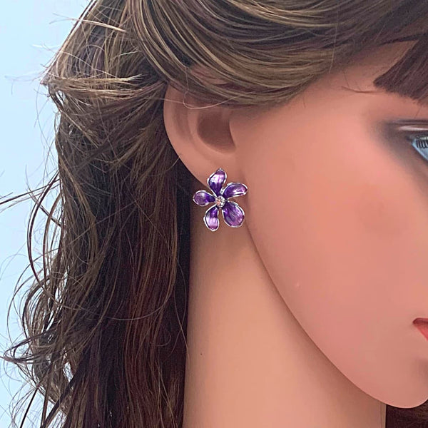 Purple Rhinestone and Enamel Flower Earrings - Ella Moore