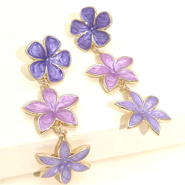 Purple Vibrant Enamel Drop Dangle Flower Earrings - Ella Moore