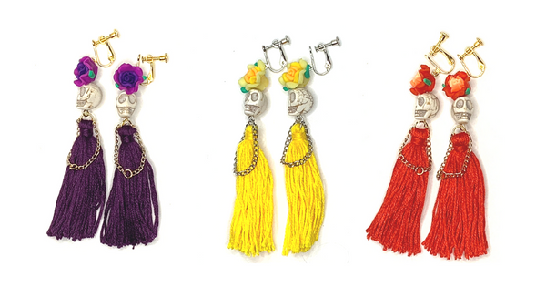 Purple, Yellow and Red Flower Lady Handmade Tassel Skull Skeleton Clip On Earrings - Ella Moore