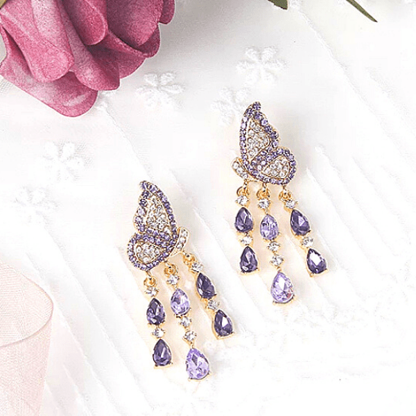 Purple Colorful Rhinestone Gold Butterfly Dangle Earrings - Ella Moore