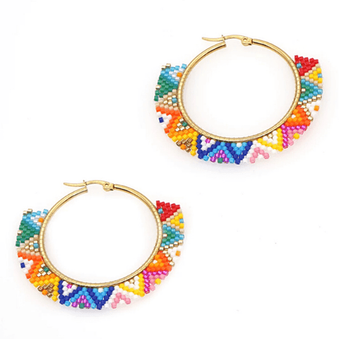 Rainbow Vibrant Bohemian Miyuki Handmade Bead Hoop Earrings - Ella Moore
