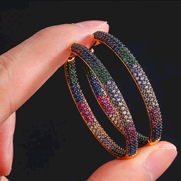 Brilliant Rainbow Pave CZ Cubic Zirconia Large Women Gold Hoop Earrings - Ella Moore