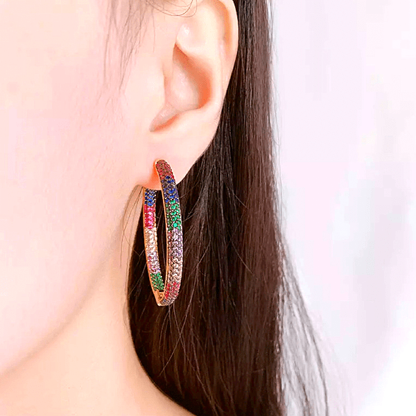 Brilliant Rainbow Pave CZ Cubic Zirconia Large Women Gold Hoop Earrings - Ella Moore