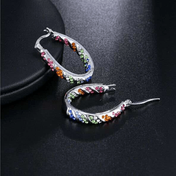 Medium Rainbow Rhinestone  Womens Gold Hoop Earrings - Ella Moore