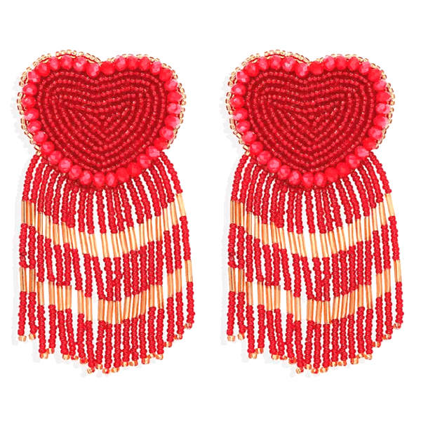 Red  Sassy Bold Beaded Tassel Dangle Heart Earrings - Ella Moore
