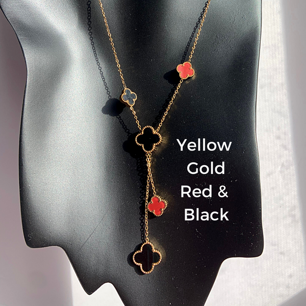 2 in 1 Red and Black Reversible Tassel Four Leaf Yellow Gold Clover Necklace - Ella Moore