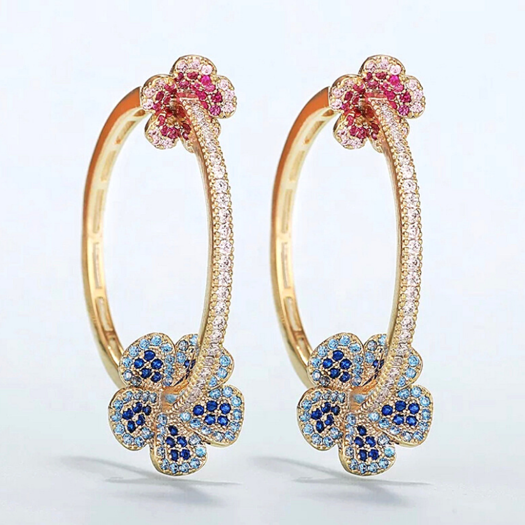 Red and Blue Dazzling CZ Double Flower Hoop Earrings - Ella Moore