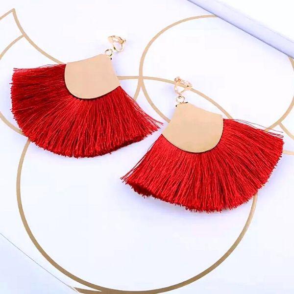 Red  Boho Chic Wide Fan Tassel Clip On Earrings - Ella Moore
