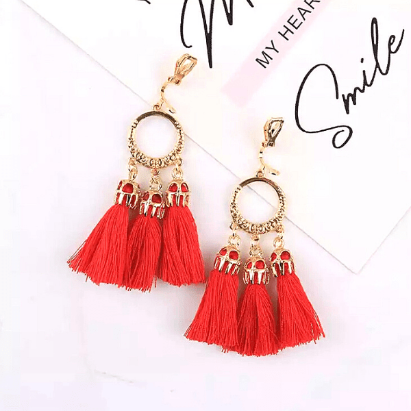 Red Boho-Style Clip On Tassel Earrings - Ella Moore