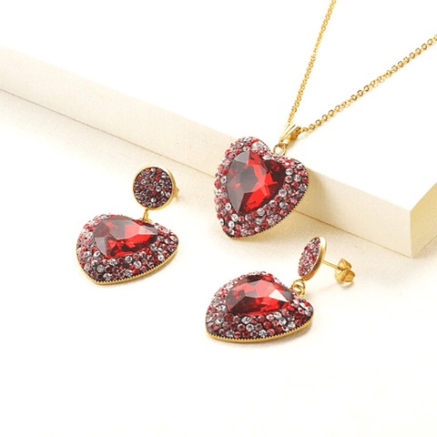 Red Brilliant Colorful CZ & Gold Heart Pendant Necklace & Earrings Set - Ella Moore