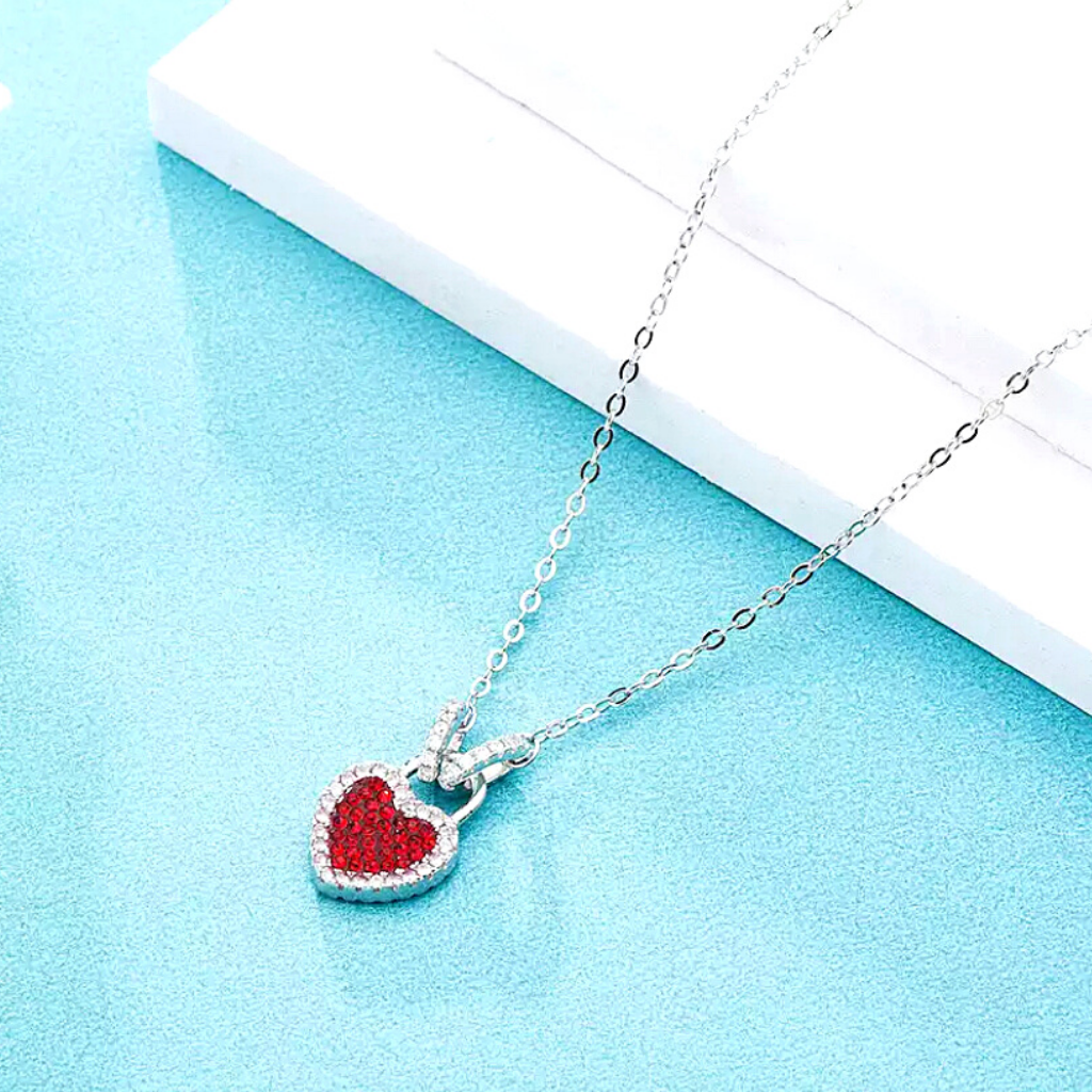 Shimmering Red CZ Sterling Silver Heart Necklace