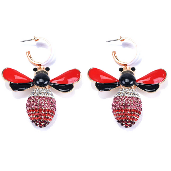 Red Enamel Rhinestone-Dangling Bee Earrings - Ella Moore