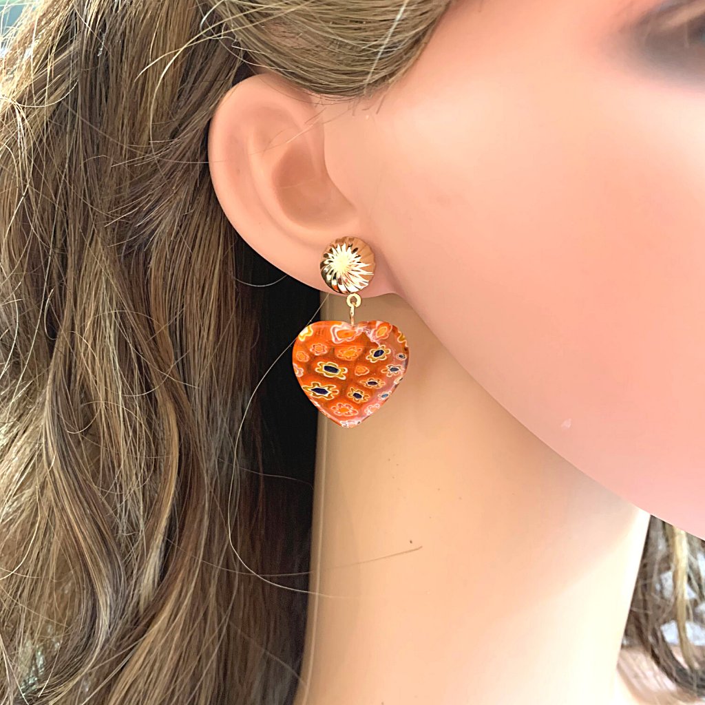 Red Charming Flower Glass Dangling Heart Earrings - Ella Moore