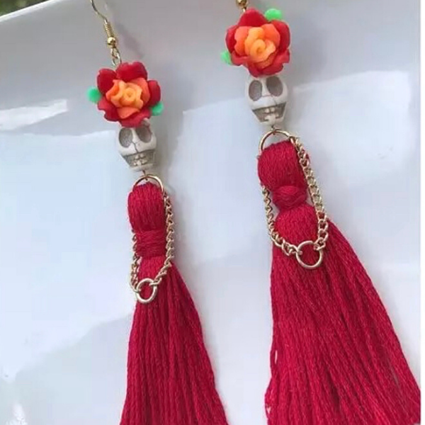 Red Flower Lady Handmade Tassel Skeleton Skull Earrings - Ella Moore