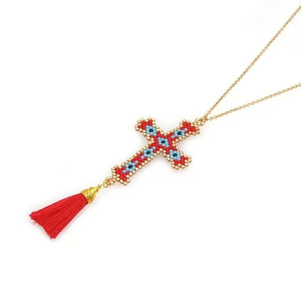 Red-Bohemian Hand-made Mikyuki Seed Bead Gold Cross Necklace - Ella Moore