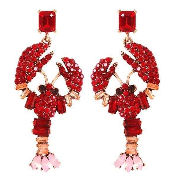 Red Large Colorful Rhinestone Lobster Gold Dangling Earrings - Ella Moore