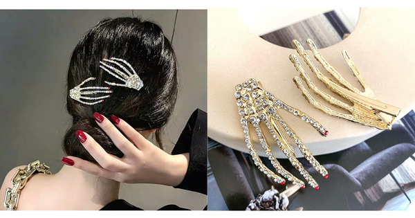 Red Nails Shimmering Rhinestone Skeleton Hand Hairclips - Ella Moore