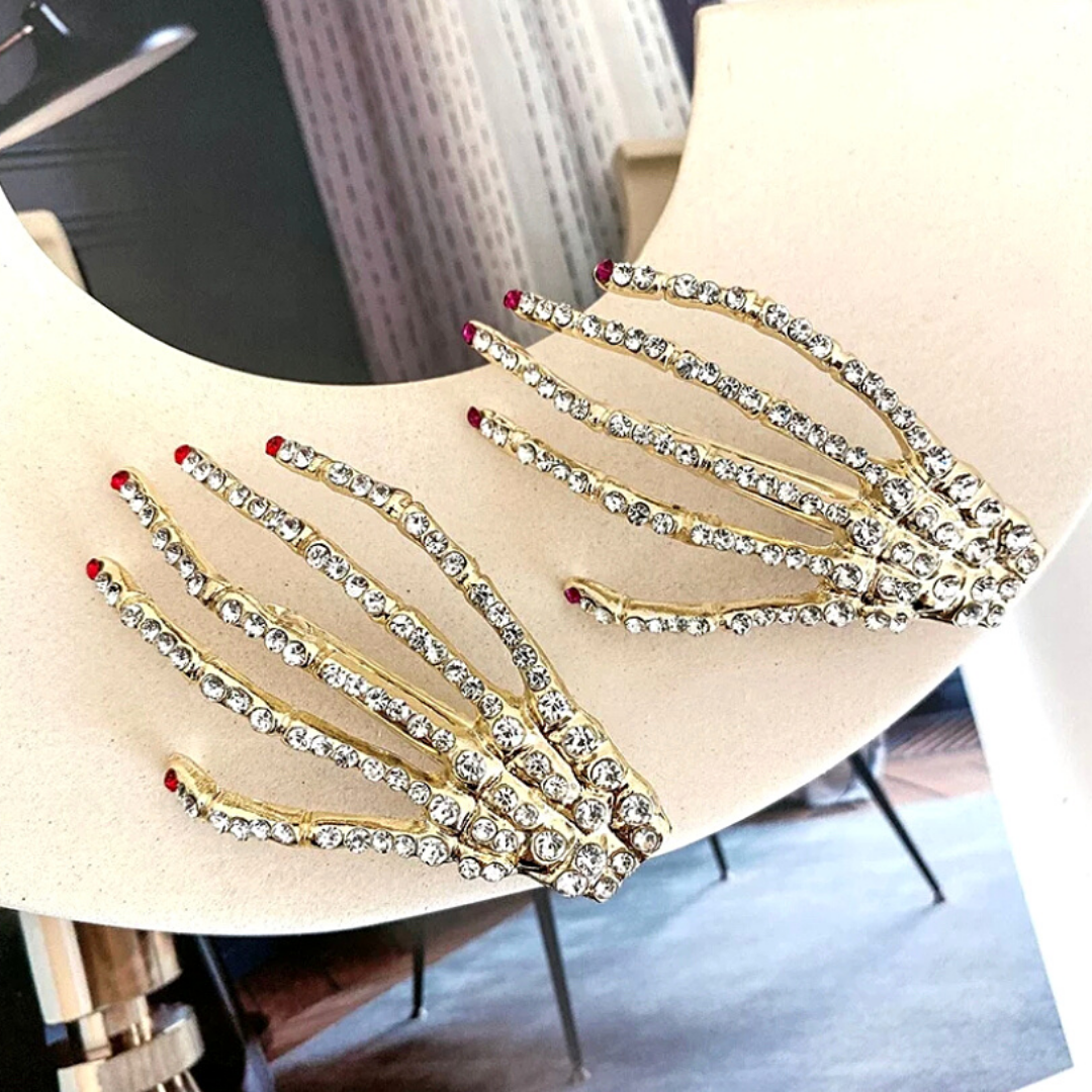 Red Nails Shimmering Rhinestone Skeleton Hand Hairclips - Ella Moore