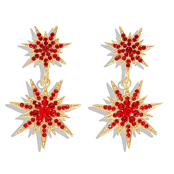 Red Radiant Rhinestone Double Snowflake Star Dangling Earrings - Ella Moore