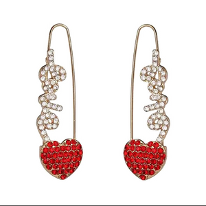 Red Colorful Rhinestone Love Heart Safety Pin Earrings - Ella Moore