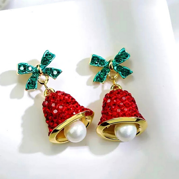 Glittering Red Rhinestone & Pearl Dangling Bell Earrings - Ella Moore