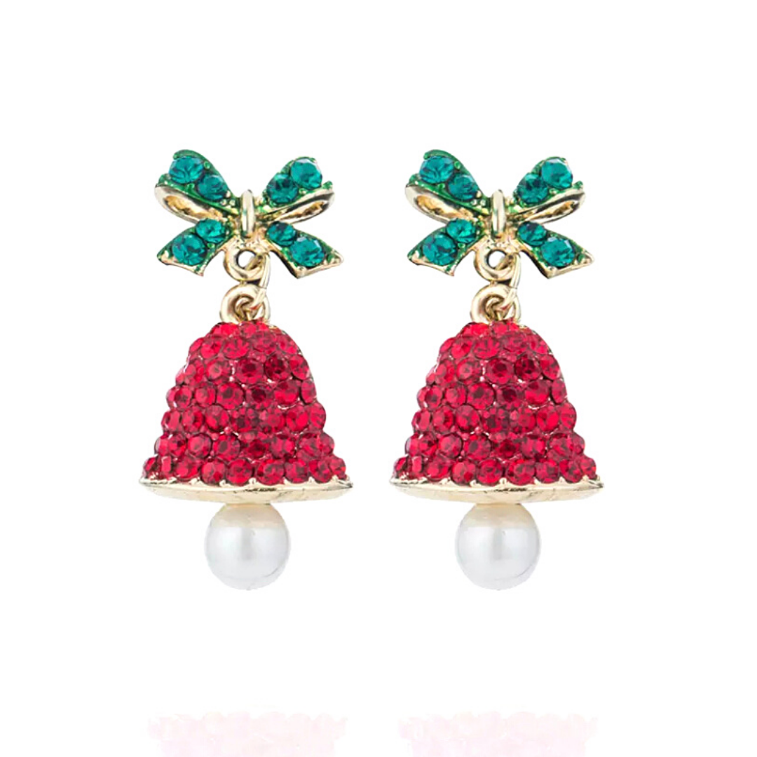Glittering Red Rhinestone & Pearl Dangling Bell Earrings - Ella Moore