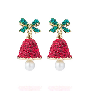Glittering Red Rhinestone & Pearl Dangling Bell Earrings - Ella Moore