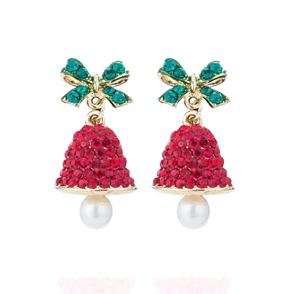 Glittering Red Rhinestone & Pearl Dangling Bell Earrings - Ella Moore