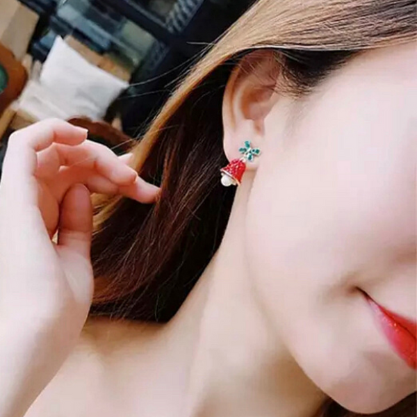 Glittering Red Rhinestone & Pearl Dangling Bell Earrings - Ella Moore