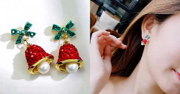 Glittering Red Rhinestone & Pearl Dangling Bell Earrings