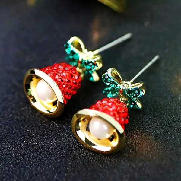 Glittering Red Rhinestone & Pearl Dangling Bell Earrings - Ella Moore