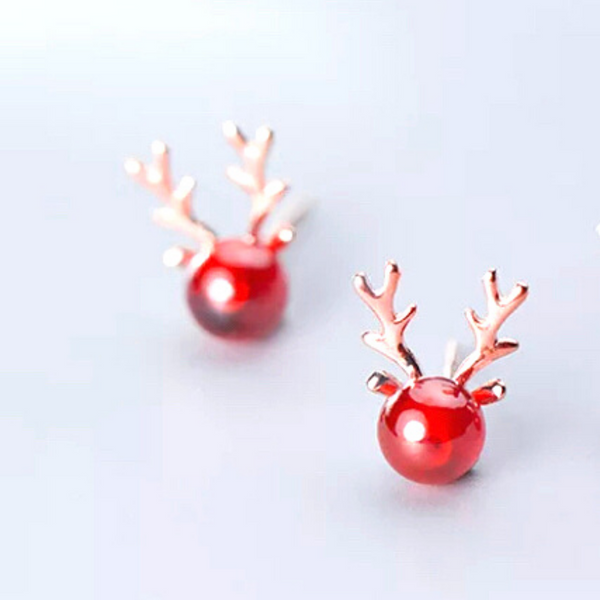 Red Rose Gold  Mini Sterling Silver Stud Reindeer Earrings - Ella Moore
