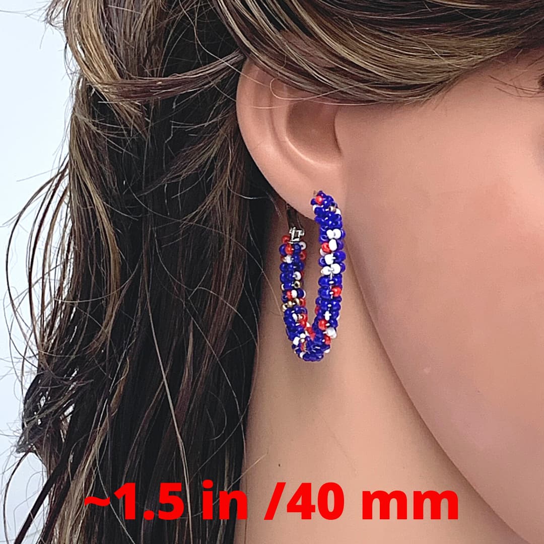 1.5 inch Patriotic Red, Blue and White Beaded Hoop Earrings - Ella Moore