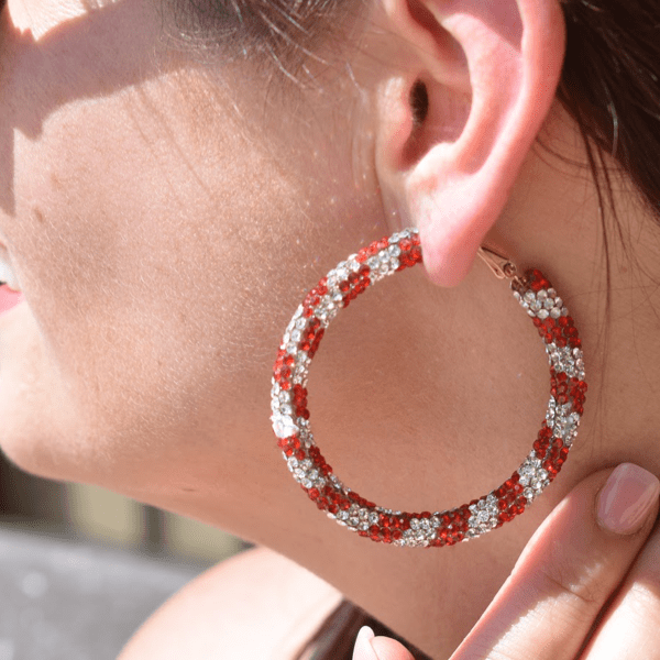 Red and White Glittering Large Rhinestone Hoop Earrings - Ella Moore