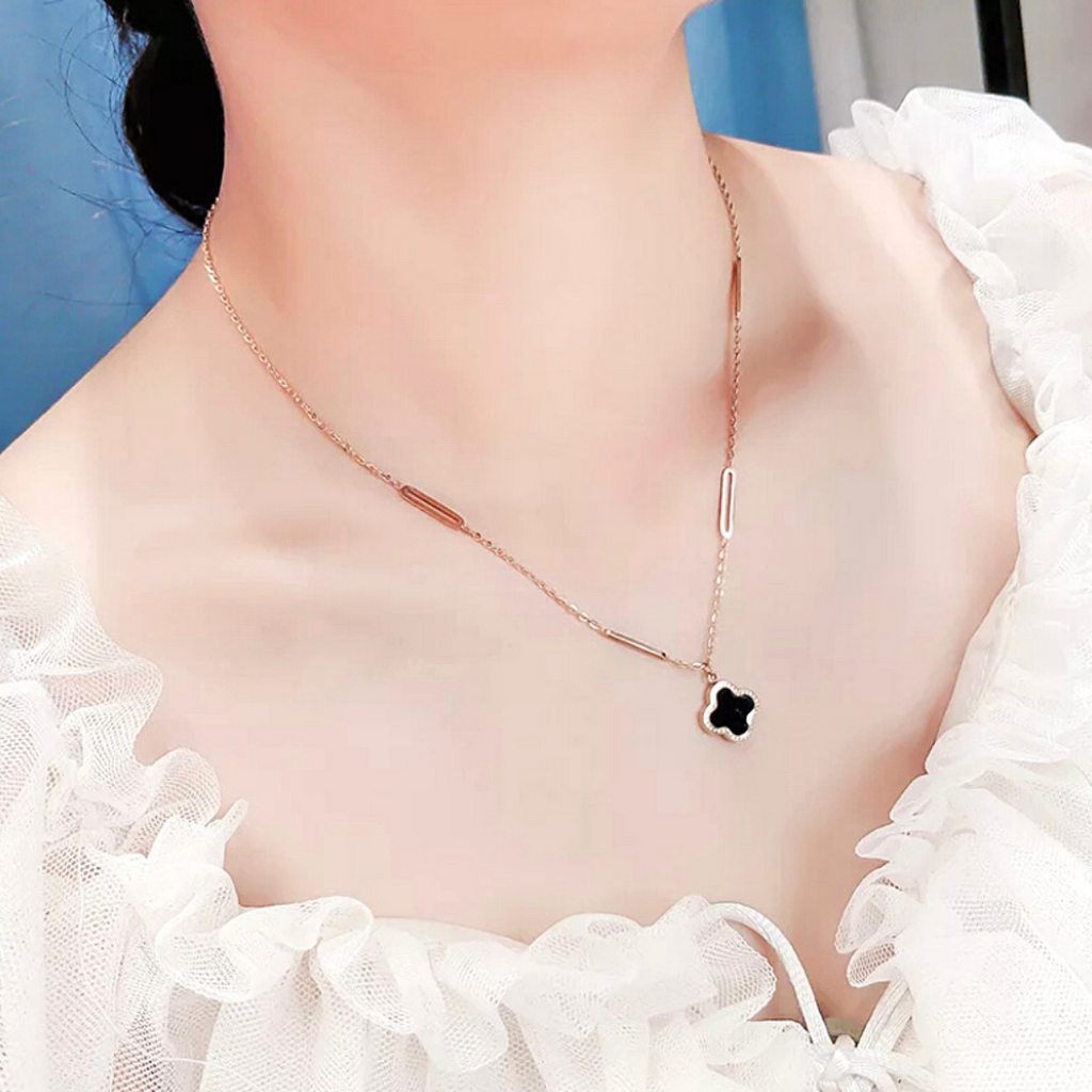 18K Gold Filled Simulated Agate & Diamond Stylish Black 4 Leaf Clover Necklace E - Foto 7