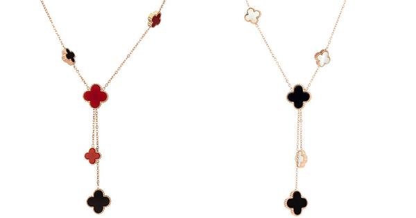 2 in 1 Red and Black or White and Black Reversible Tassel Four Leaf Gold Clover Necklace - Ella Moore
