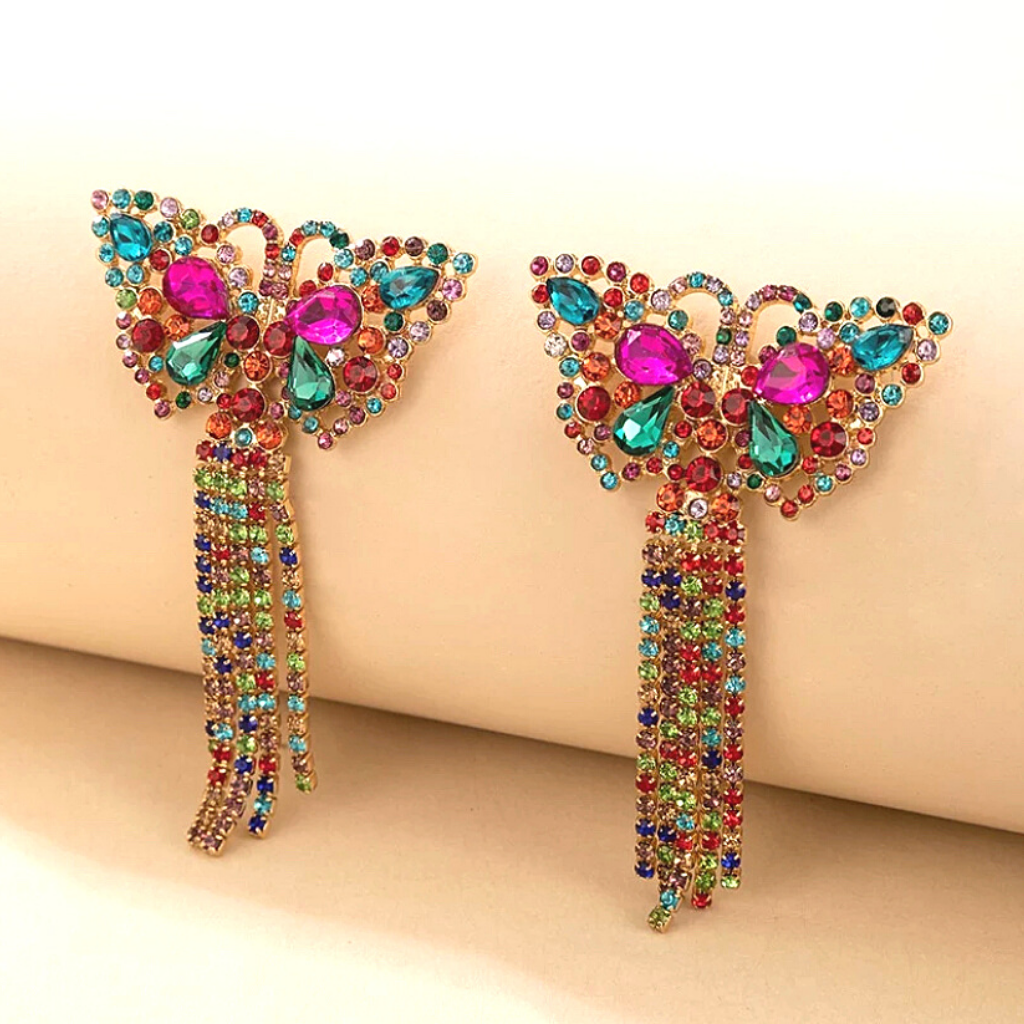 Bold Vibrant Colorful Rhinestone Tassel Gold Butterfly Earrings - Ella Moore