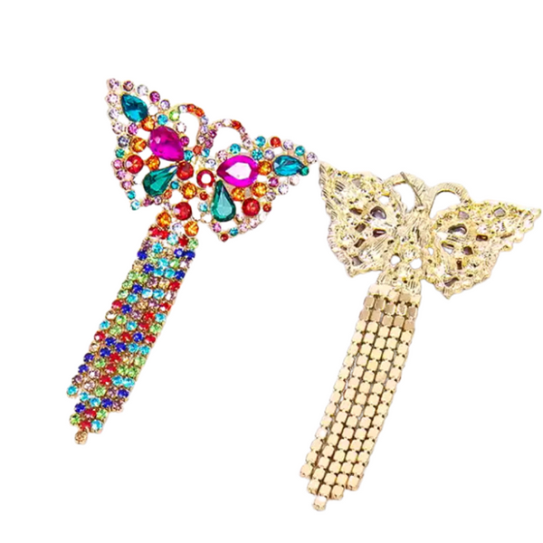 Bold Vibrant Colorful Rhinestone Tassel Gold Butterfly Earrings - Ella Moore