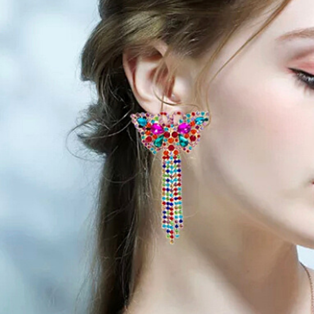 Bold Vibrant Colorful Rhinestone Tassel Gold Butterfly Earrings - Ella Moore