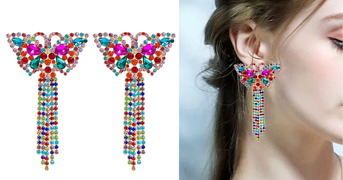 Bold Vibrant Colorful Rhinestone Tassel Gold Butterfly Earrings - Ella Moore