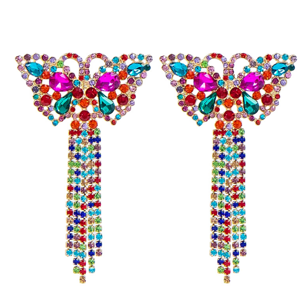 Bold Vibrant Colorful Rhinestone Tassel Gold Butterfly Earrings - Ella Moore